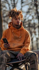 Obraz premium Young man with disability holding smart phone and standing near skateboard on sunny day