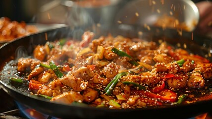 Vibrant dakgalbi stir-fry in action, with chicken and vegetables tossed in a spicy sauce, ideal for a lively restaurant scene