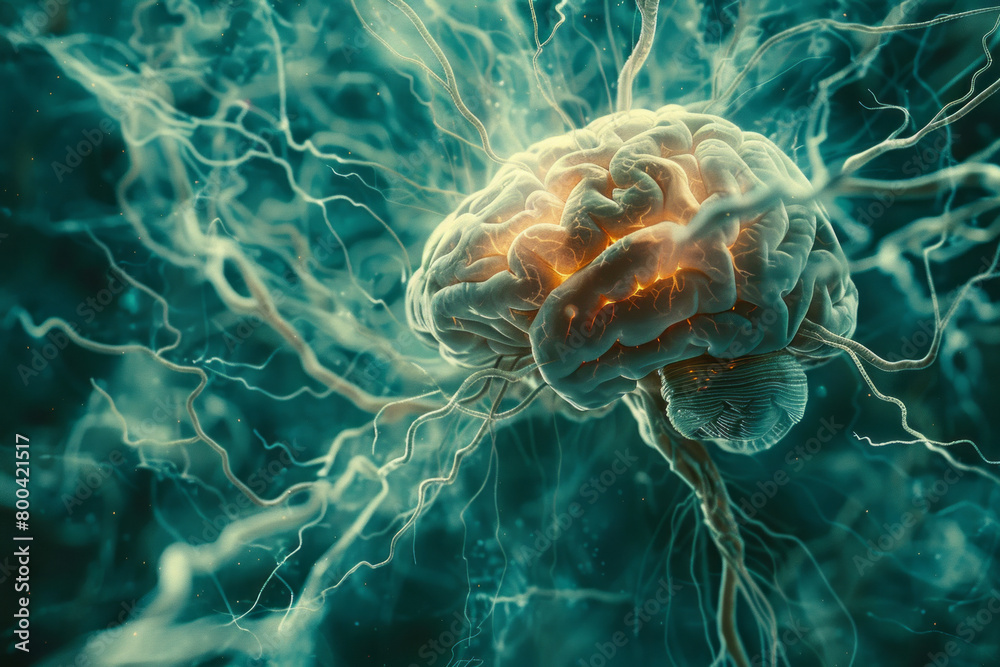 Poster A conceptual image of the human brain as a digital network, illustrating thoughts as data streams connecting various regions,