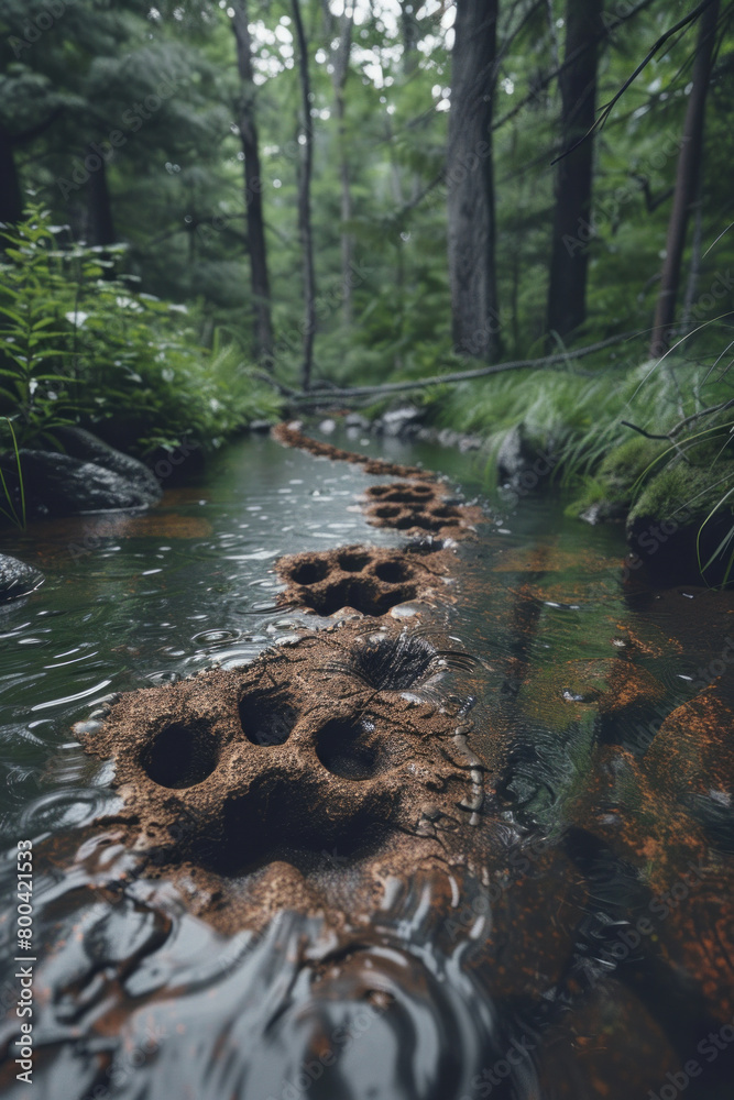 Aufkleber an artistic rendering of bear paw prints merging into a forest landscape, illustrating the bear's ro