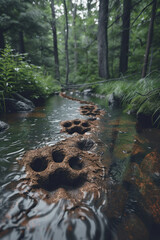 An artistic rendering of bear paw prints merging into a forest landscape, illustrating the bear's role in woodland ecology.