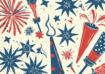 Obraz premium US Festive Celebration Firework Postcard, American flags, linocut style illustration