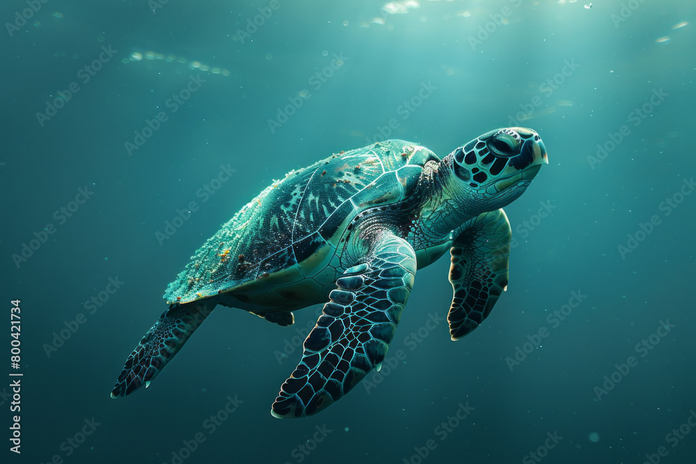 Poster a design where the silhouette of a turtle merges into ocean waves, reflecting their marine journey a
