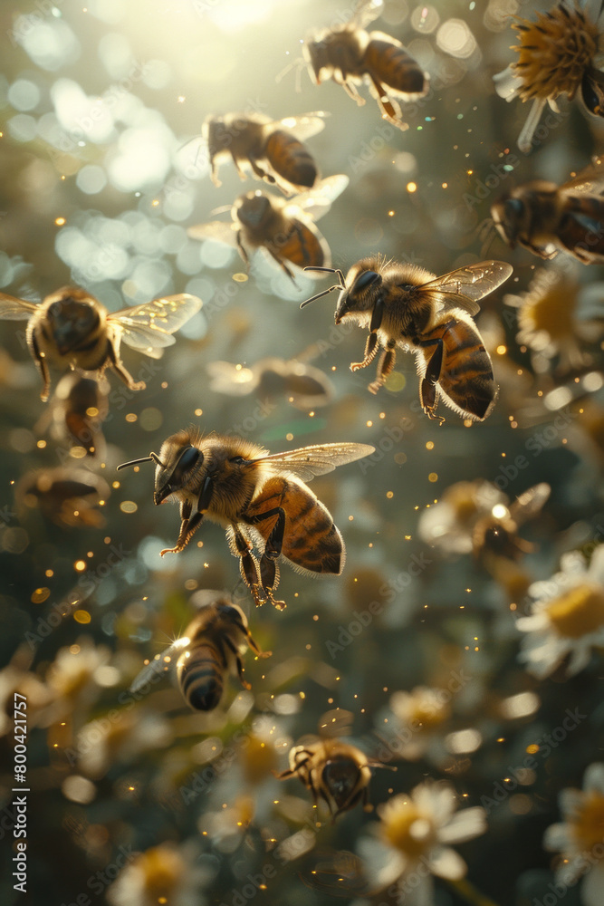 Poster A dynamic pattern where honeybee flight paths turn into blooming flowers, showcasing their role in pollination and ecosystem health,