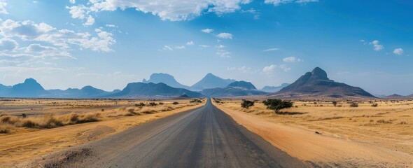 Fototapeta na wymiar Long road in the desert, mountains in the background