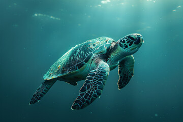 Obraz premium A design where the silhouette of a turtle merges into ocean waves, reflecting their marine journey and life,