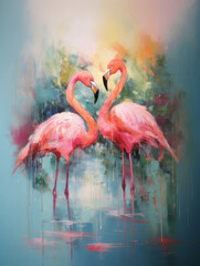 Two pink flamingos fall in love illustration art, impasto oil painting, wide brush strokes. Acryl illustration for poster, banner, print. 

