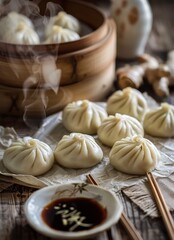 Obraz na płótnie Canvas dumplings have a round skin texture, with small black dots in their corners, with steaming hot steam rising from them, placed next to wooden chopsticks, a bowl filled with soy sauce