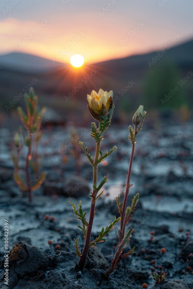 Poster a depiction of a drought-affected landscape with a single drop of water causing life to bloom, empha