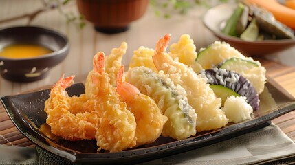 Crispy tempura shrimp and vegetables on a plate