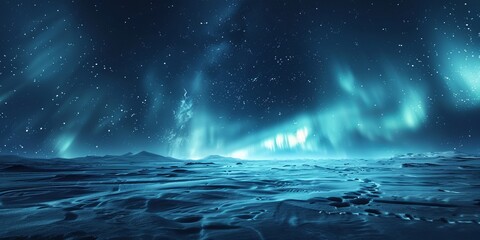 Blue Aurora Borealis over Snow covered Landscape. Majestic Northern Lights Background with copy-space.