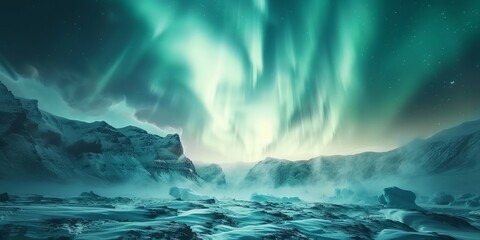 Green Aurora Sky over Rocky Landscape. Beautiful Northern Lights Background with copy-space.