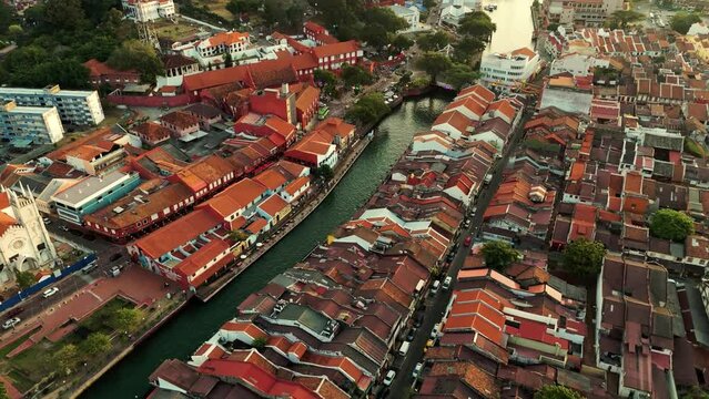 Sweeping drone shot capturing the beauty of Malacca, Malaysia.