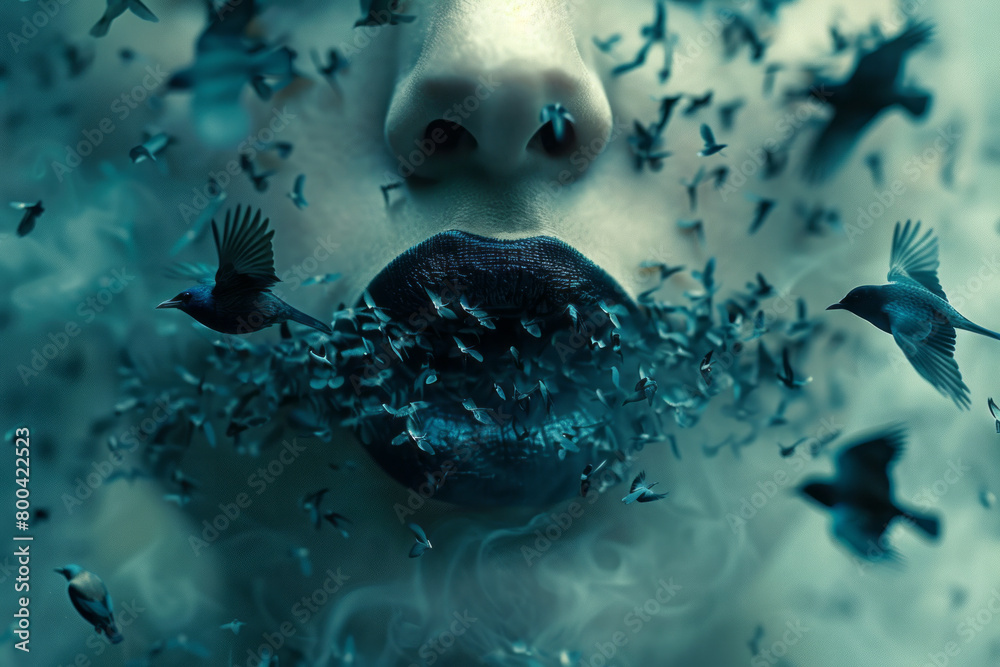 Aufkleber a surreal image of a mouth opening to release a stream of words that transform into birds, symbolizi