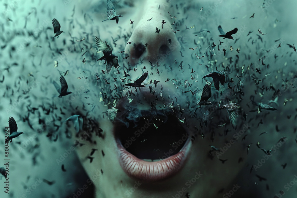 Poster a surreal image of a mouth opening to release a stream of words that transform into birds, symbolizi