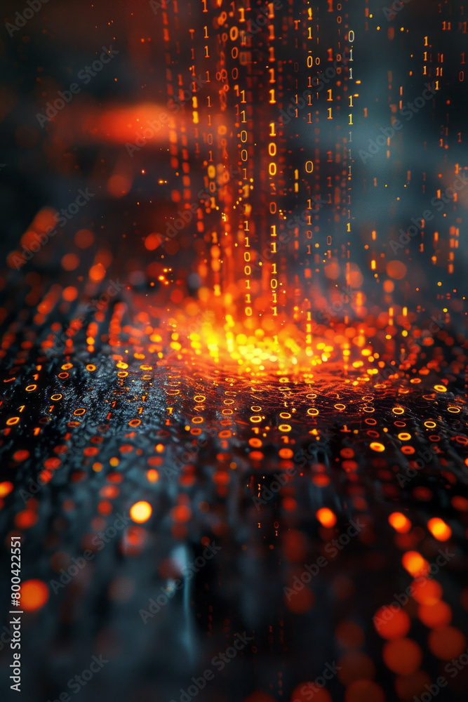 Poster A graphic design where digital binary code transitions into meaningful words advocating for digital privacy and security,
