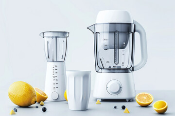 A blender with a removable filler cap and a built-in measuring cup for precise ingredient measurement isolated on a solid white background.