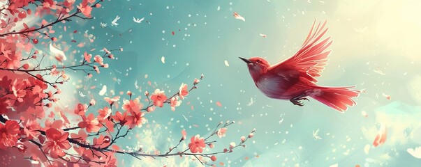 Colorful Springtime Illustration with Bird Flying in The Sky.
