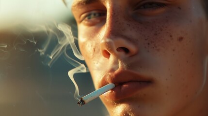 Closeup of young man smoking cigarette, tobacco
