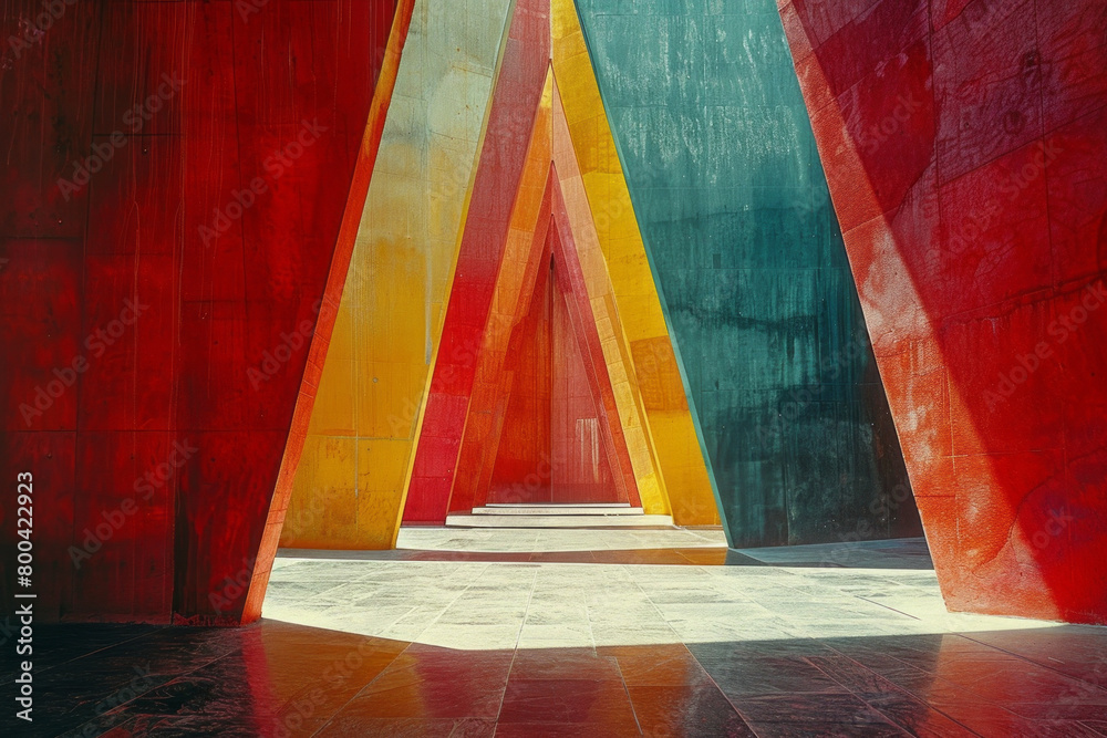 Poster an image of sharp angles and pointed shapes in a chaotic arrangement, colored in urgent reds and war