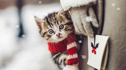 A kitten in a striped sweater clutching a holiday card with snow falling.