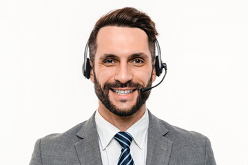 Portrait of successful hotline worker in headset isolated over white background. Caucasian support...