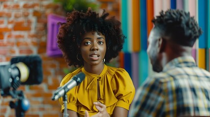 Obraz premium Young African American woman being interviewed on camera. Informal setting with vibrant backdrop. Casual, engaging online content creation. AI