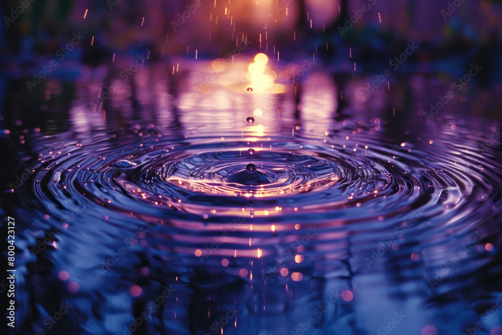 Poster a series of ripples expanding outward from a single point in a pond, depicted in calming blues and i