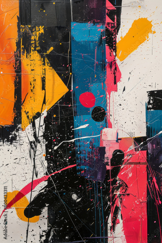 Poster A dynamic painting where stark black and white contrast is disrupted by bursts of colorful abstract shapes, illustrating the disruption of societal norms,