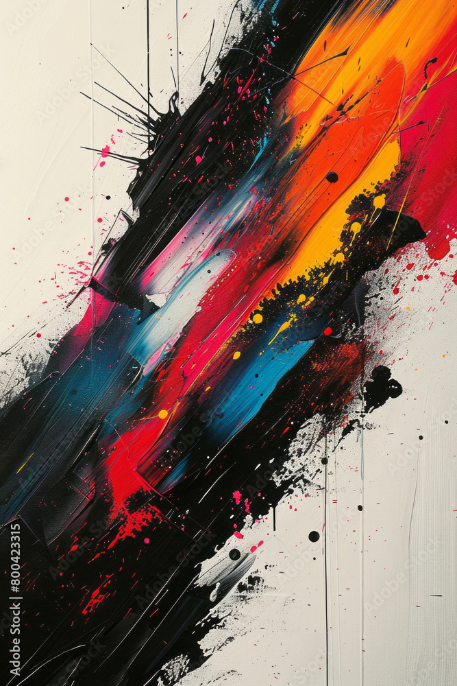 Poster A dynamic painting where stark black and white contrast is disrupted by bursts of colorful abstract shapes, illustrating the disruption of societal norms,