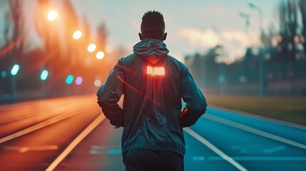 An AI sports coach app providing realtime feedback to a runner on a track, wearable technology in use