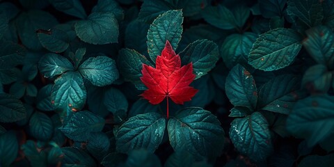A single red leaf stands out among green foliage in a dark moody forest setting