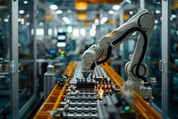 A robotic technician programming a robotic arm for precision tasks in a hightech manufacturing plant