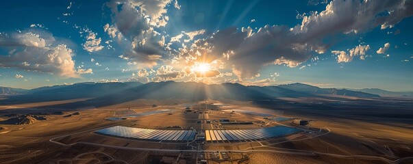 Aerial view of a concentrated solar thermal plant, Mojave Desert, California, near Las Vegas, United States. - Powered by Adobe