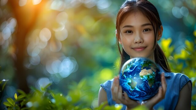 Asian business team promotes environmental awareness for a brighter future on Earth Day. Concept Earth Day, Environmental Awareness, Asian Business Team, Brighter Future, Promoting