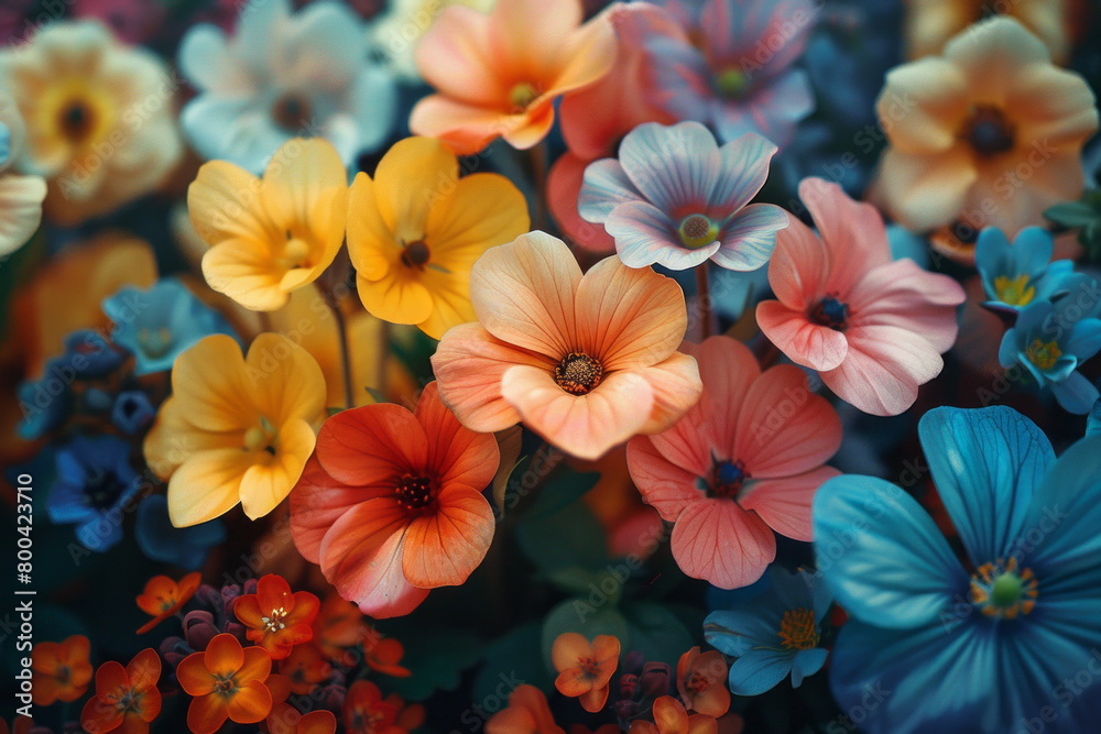Fototapete an abstract floral arrangement where each flower differs significantly in color and form but stems f
