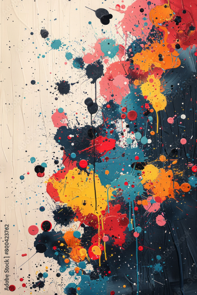 Fototapete a series of splattered paint blots on a canvas, each blot expanding and merging with others, showing