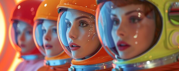 Actors wearing cheesy sci fi costumes from outer space for a retro science fiction television show or movie. Big makeup, helmet, space suit.