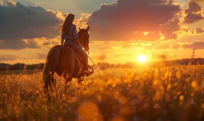 Fototapeta premium Woman riding horse in countryside during sunset
