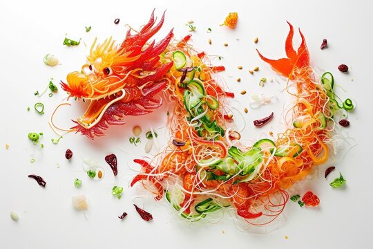 Chinese dragon made of yee sang lo hei salad on white background