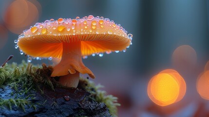 Glowing mushroom with dew drops against a blurred forest background