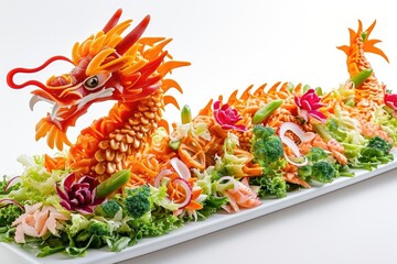 big tray of chinese dragon made of yee sang lo hei salad on white background