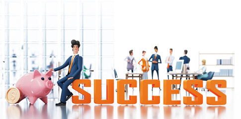 Businessman sits at Success word next to piggy bank, blur of business people working in office at background and copy space at white. 3D rendering.
