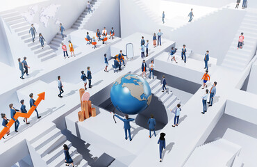 Global business, big company with lots of business people, every one is working around big globe in an abstract environment with stair, 3D rendering 