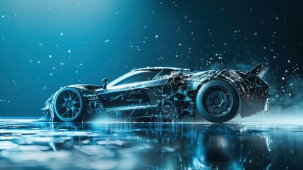 Side view depiction of a high-speed sports car with a futuristic concept, accentuated with a grunge overlay. Presented in a dynamic 3D illustration.