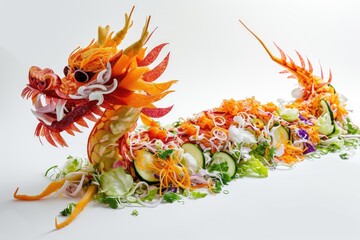 chinese dragon made of yee sang lo hei salad isolated  on white background