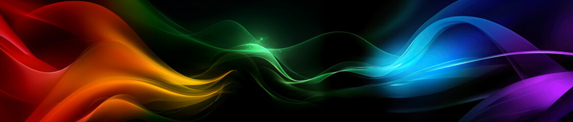 Naklejka premium Abstract background with asymmetrical glowing translucent rainbow colours wave on black backdrop