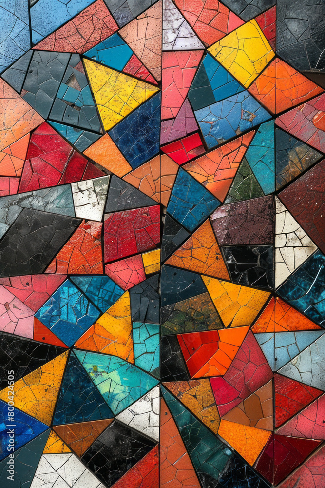 Poster An arrangement of small, colorful triangles forming a larger triangular mosaic, illustrating the concept of unity in diversity,