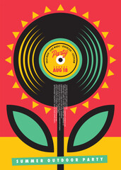Summer outdoor festival poster layout. Big flower and vinyl record graphic design idea for musical concert or retro summer party. Vector illustration for music event.