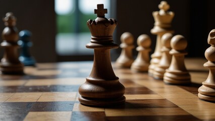 Chess game concept of business ideas and competition and strategy ideas. A wooden chessboard captures the essence of strategic gameplay